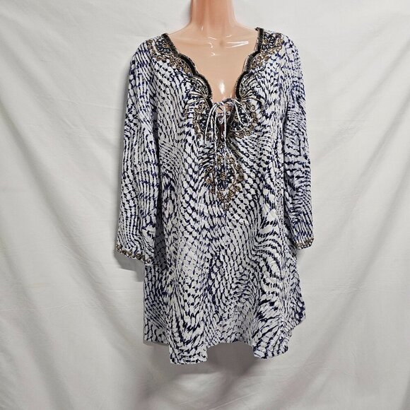 Soft Surroundings South Beach Beaded Top tunic Blouse Women Size XL White Blue - Picture 13 of 15